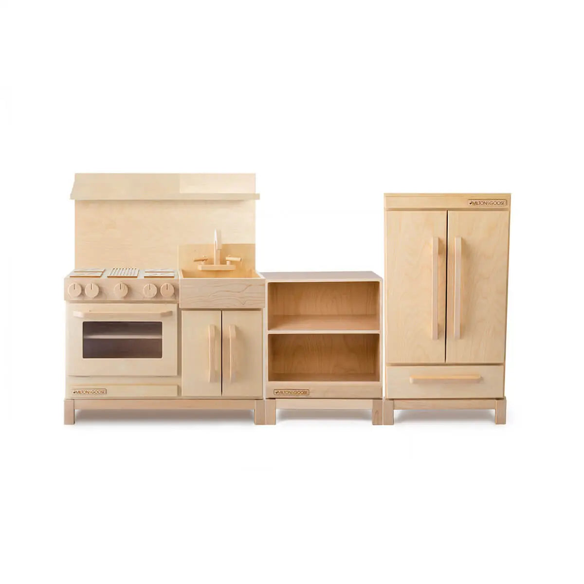 Milton & Goose Full Play Kitchen Set with Hood, Countertop, and Refrigerator in Natural – Luxury Handmade Wooden Kitchen Toy