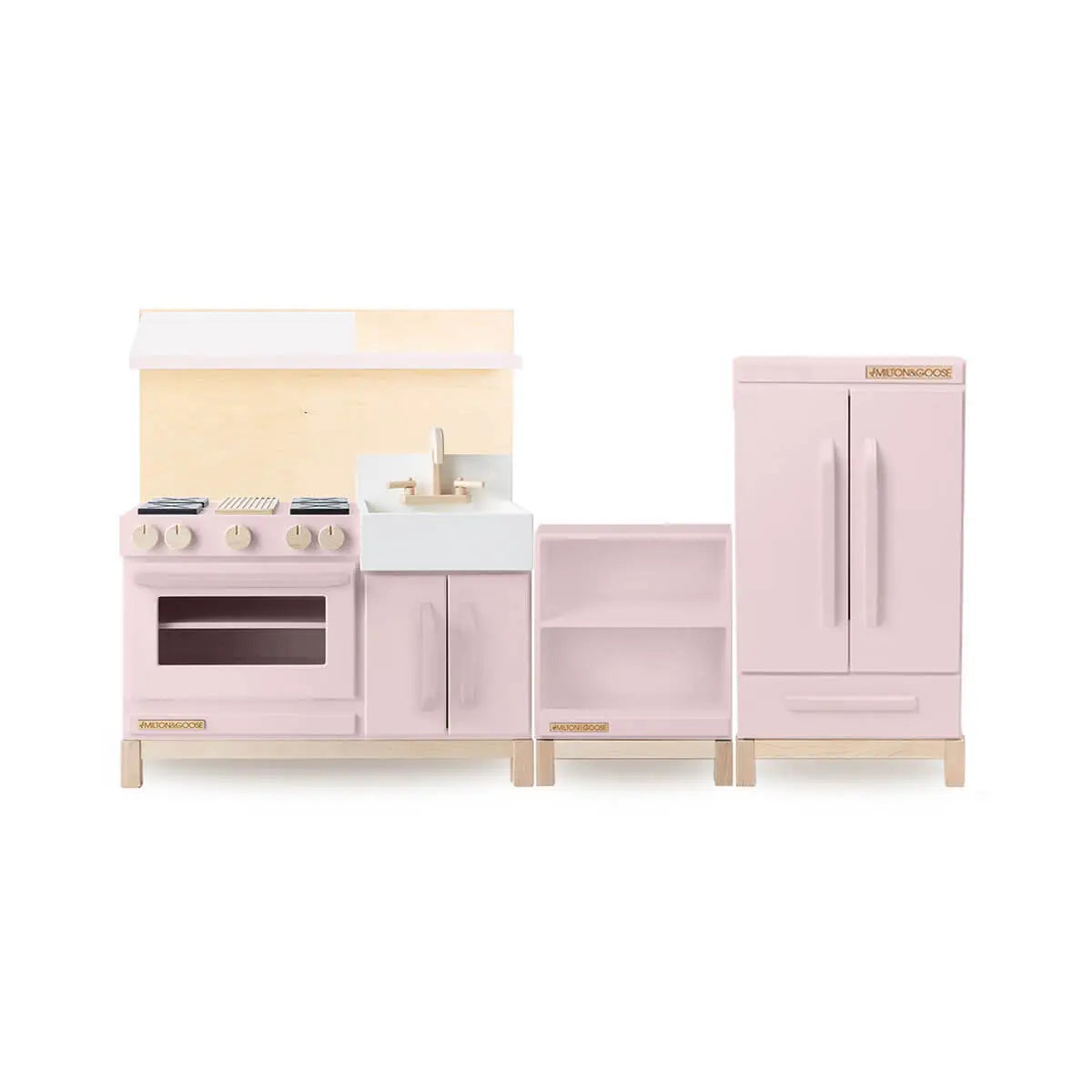 Milton & Goose Full Play Kitchen Set with Hood, Countertop, and Refrigerator in Pink – Deluxe Wooden Toy Kitchen for Children