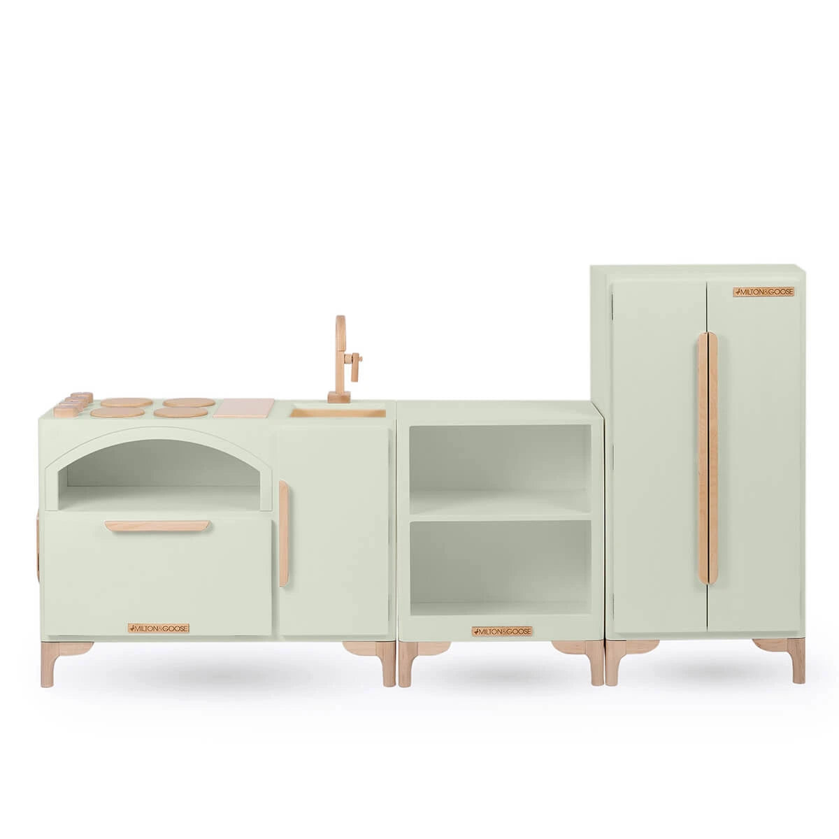 Luca Play Kitchen 3-Piece Set in Green – Heirloom-Quality Wooden Play Kitchen with Refrigerator and Countertop