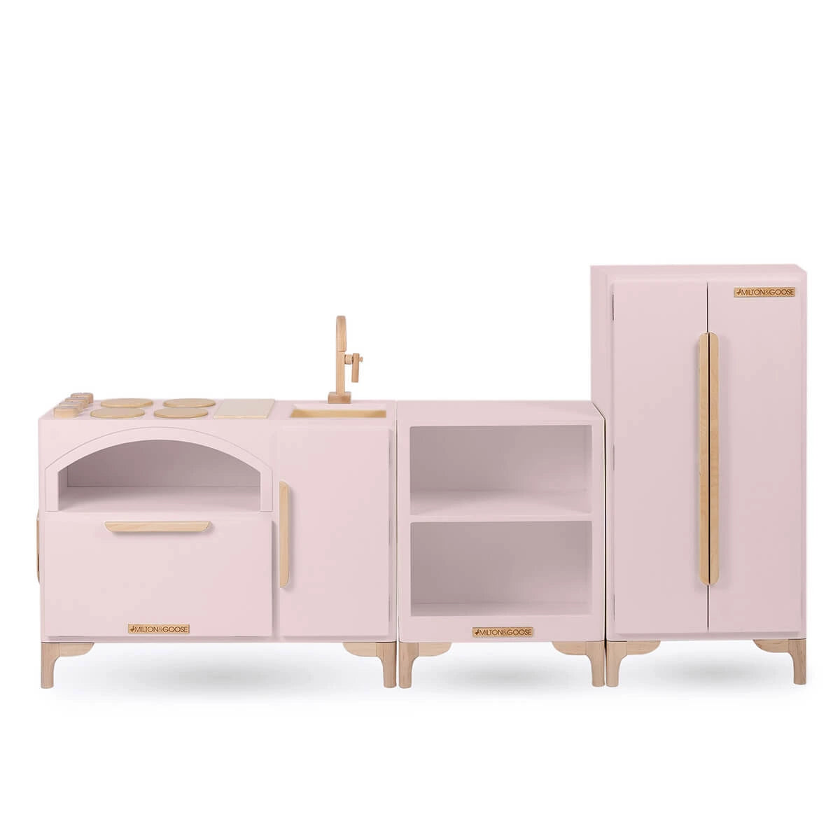 Luca Play Kitchen 3-Piece Set in Pink – Elegant Wooden Kitchen Set with Refrigerator and Countertop