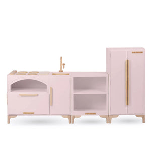 Luca Play Kitchen 3-Piece Set in Pink – Elegant Wooden Kitchen Set with Refrigerator and Countertop