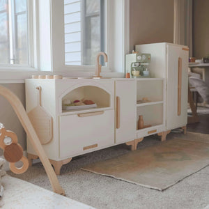 Luca Play Kitchen 3-Piece Set in White – Wooden Toy Kitchen with Countertop and Refrigerator by Milton & Goose