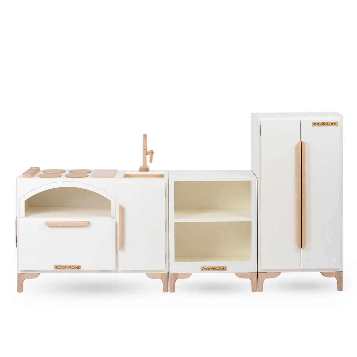 Luca Play Kitchen 3-Piece Set in White – Wooden Toy Kitchen with Countertop and Refrigerator by Milton & Goose