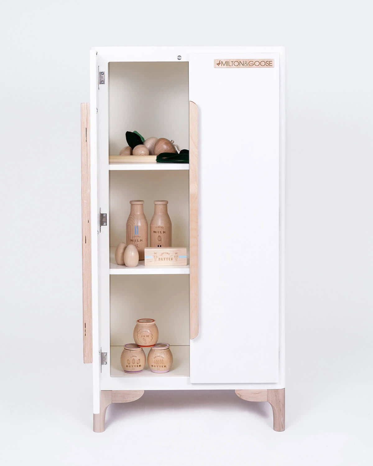 Luca Play Refrigerator in White with Doors Open – Minimalist Play Kitchen Accessory Set by Milton & Goose