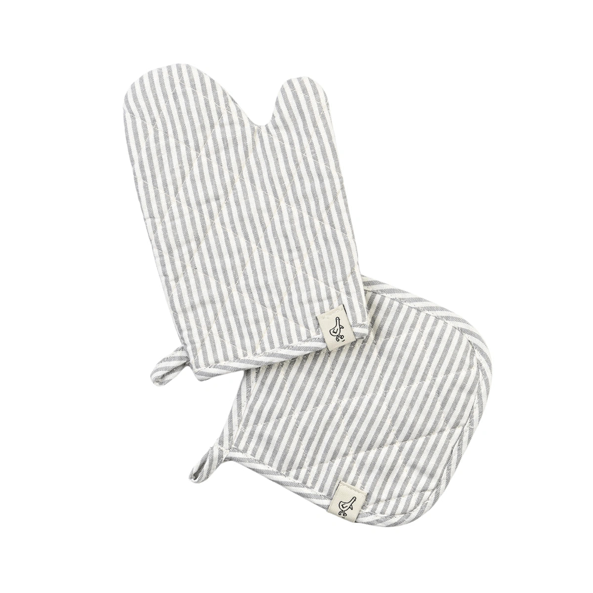 A play oven mitt and hot pad in gray stripe.