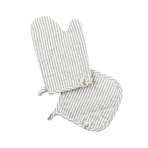 A play oven mitt and hot pad in gray stripe.