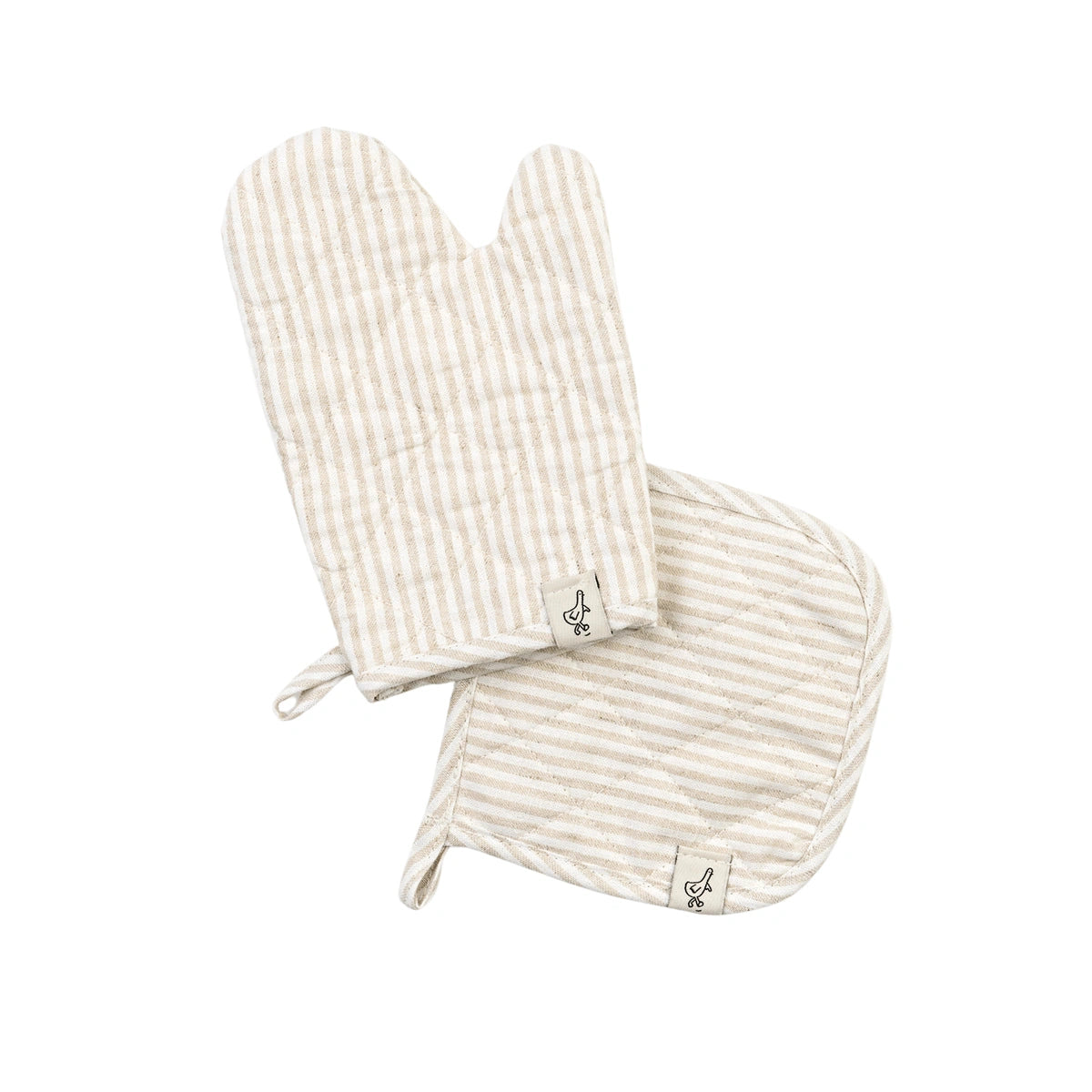 A play oven mitt and hot pad in tan stripe.