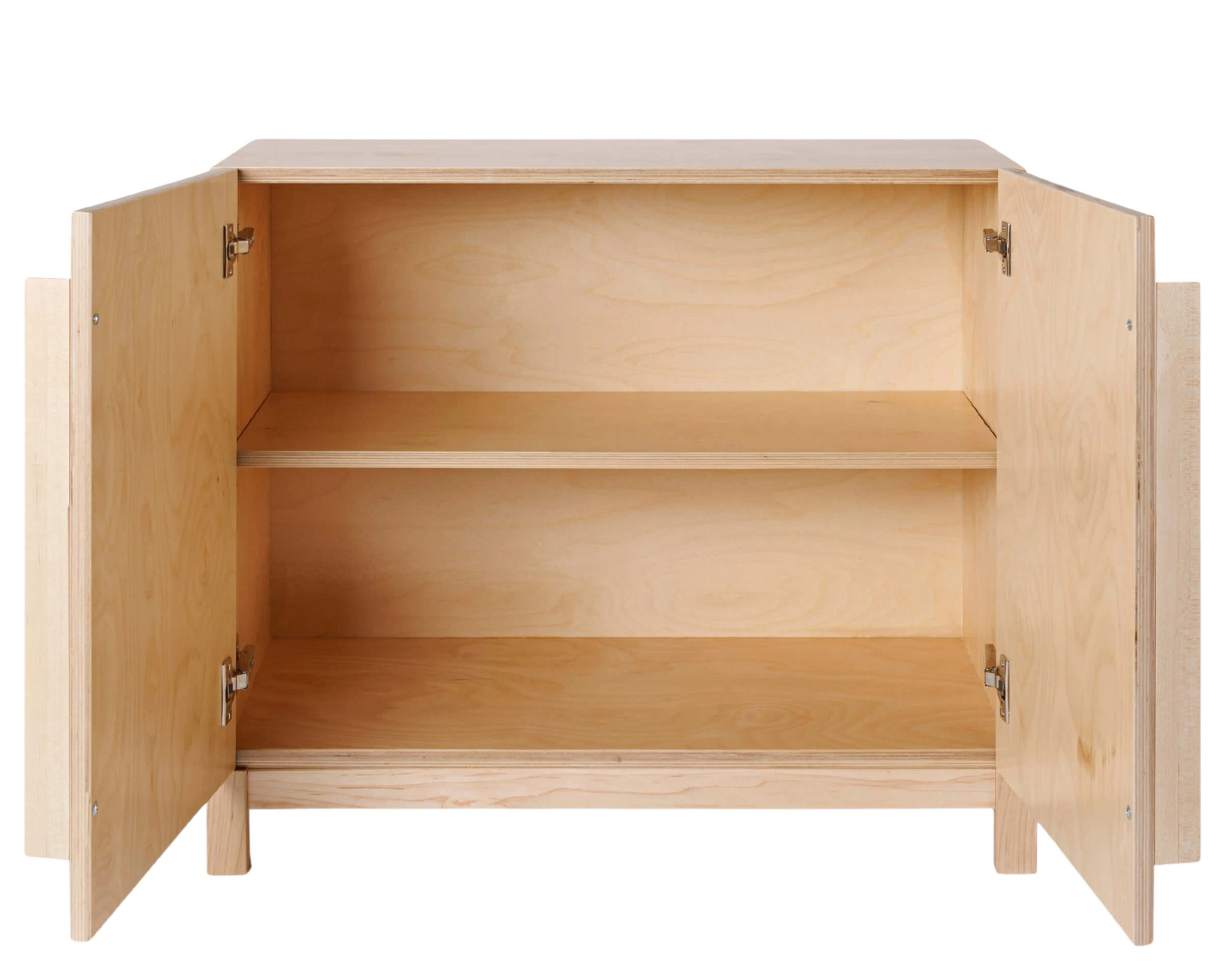 The Terry Cabinet in Natural is shown with both doors open. There is one shelf inside. 