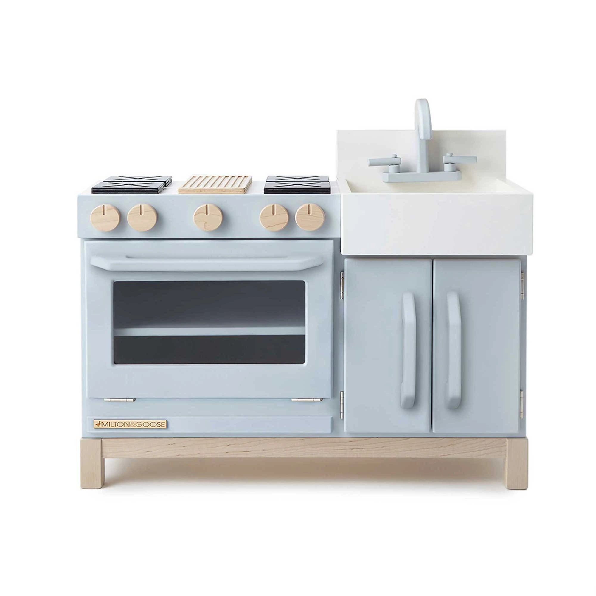 The Milton & Goose Essential Play Kitchen in Gray facing forward.