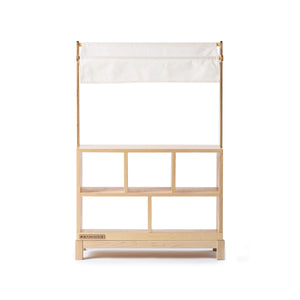A wooden, sturdy Market Stand in Natural is shown with a white canopy, facing forward. 