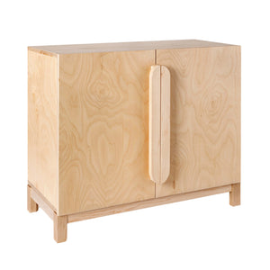 The wooden, handmade Terry Storage Cabinet is shown at an angle, facing right. 