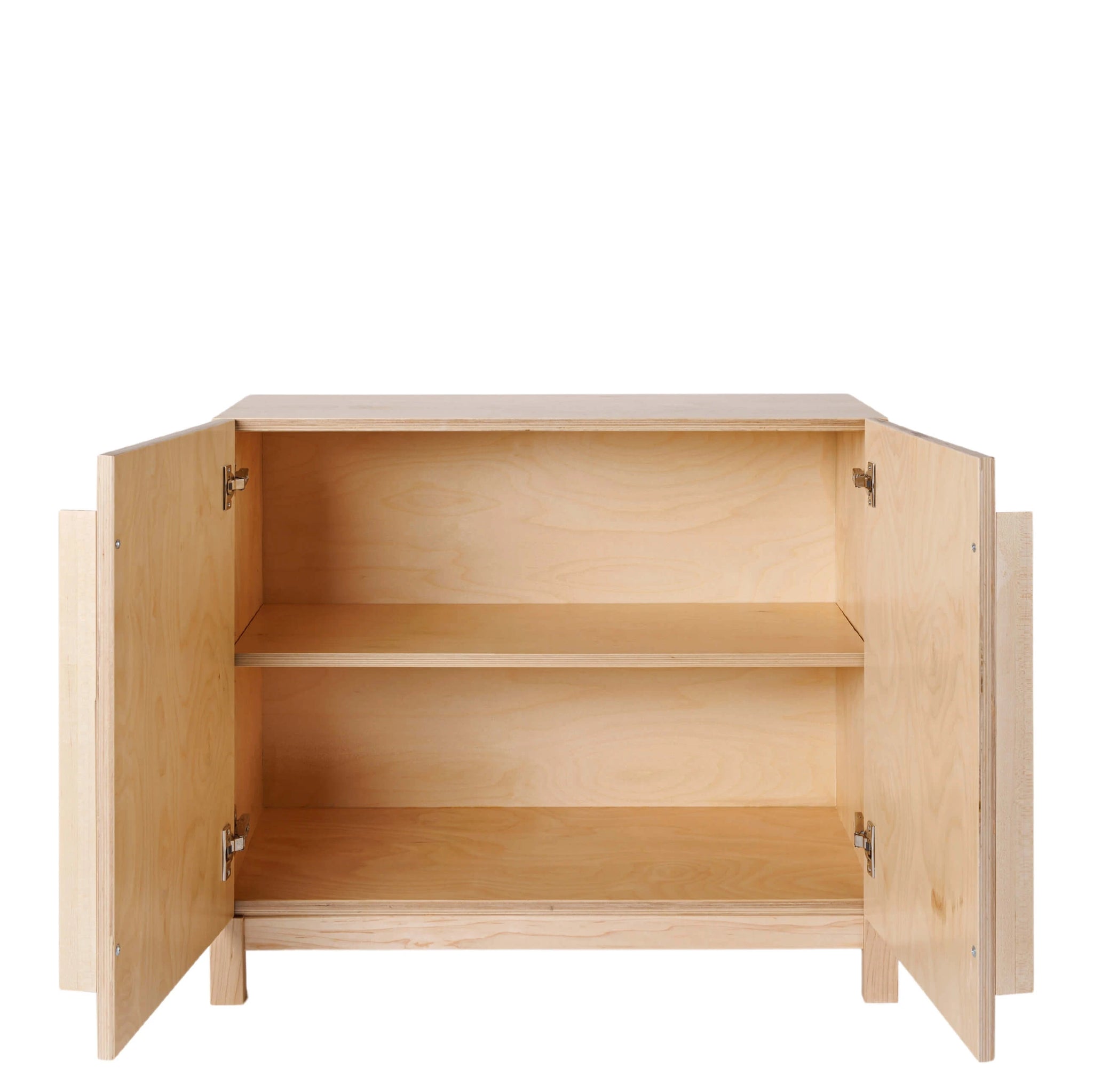 The Milton and Goose Natural Terry Storage Cabinet is shown with the doors open. A shelf is visible inside. 