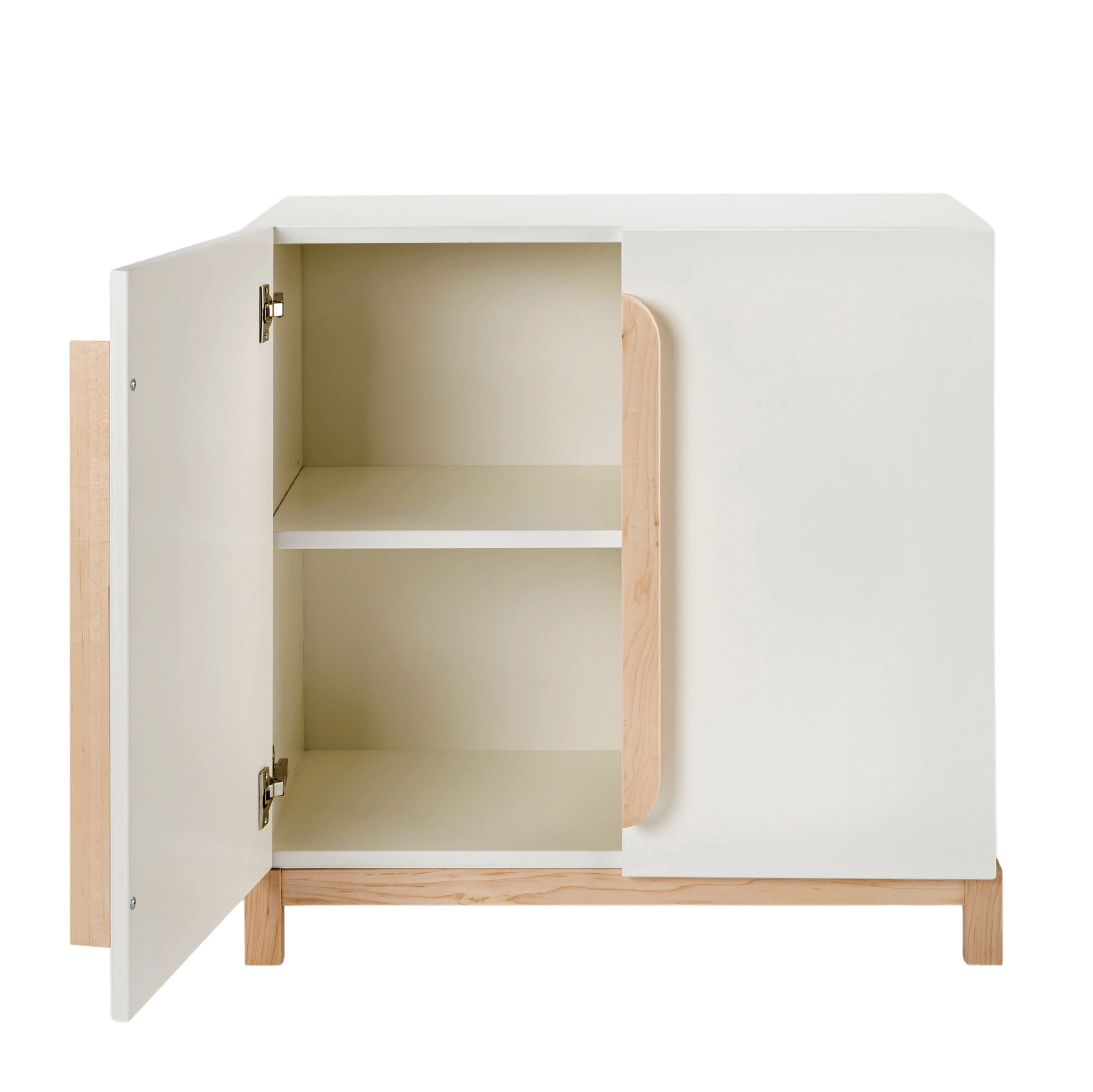 The Terry Storage Cabinet in white is shown with a door open. The shelf is shown inside. 