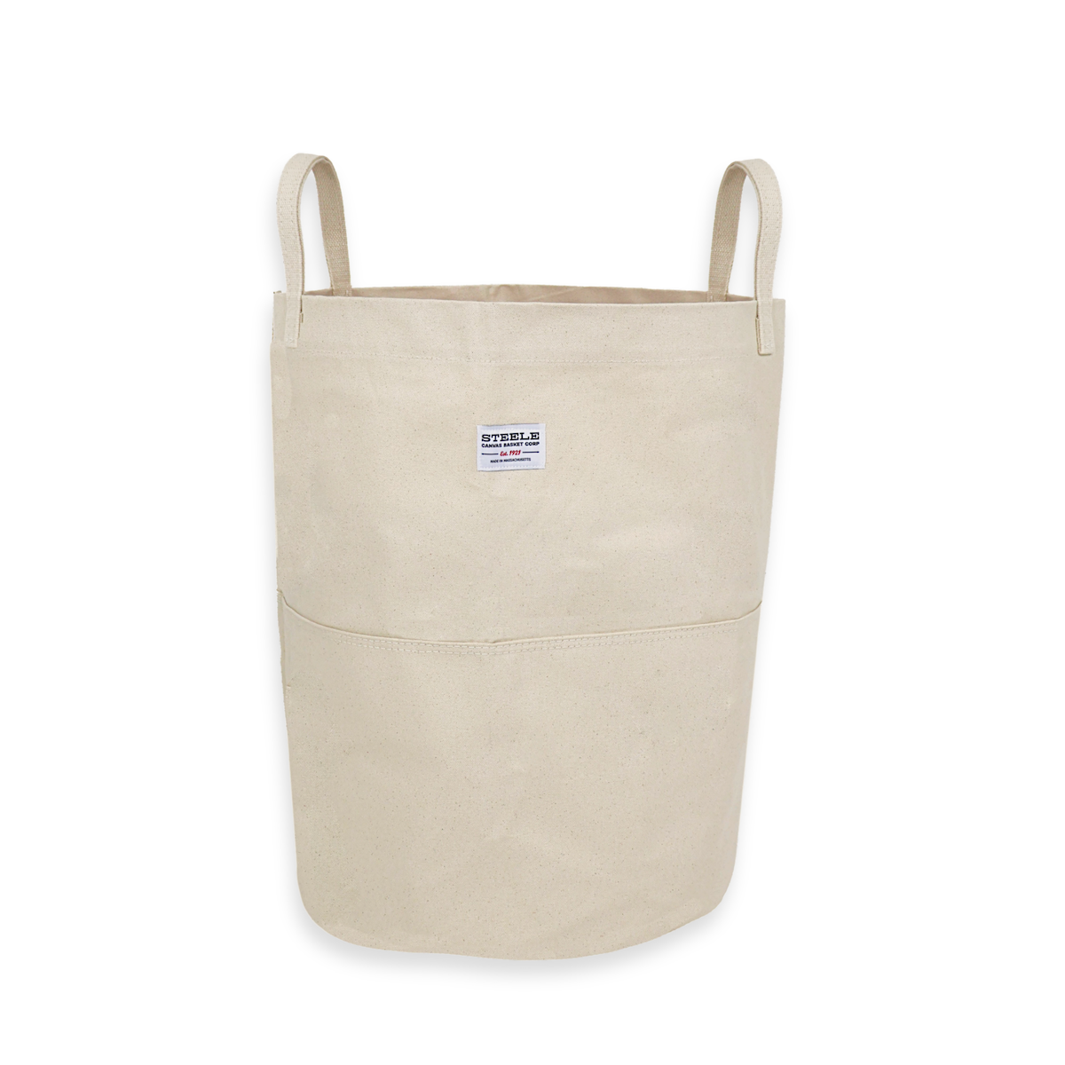 Tall canvas storage bin with handles on a white background
